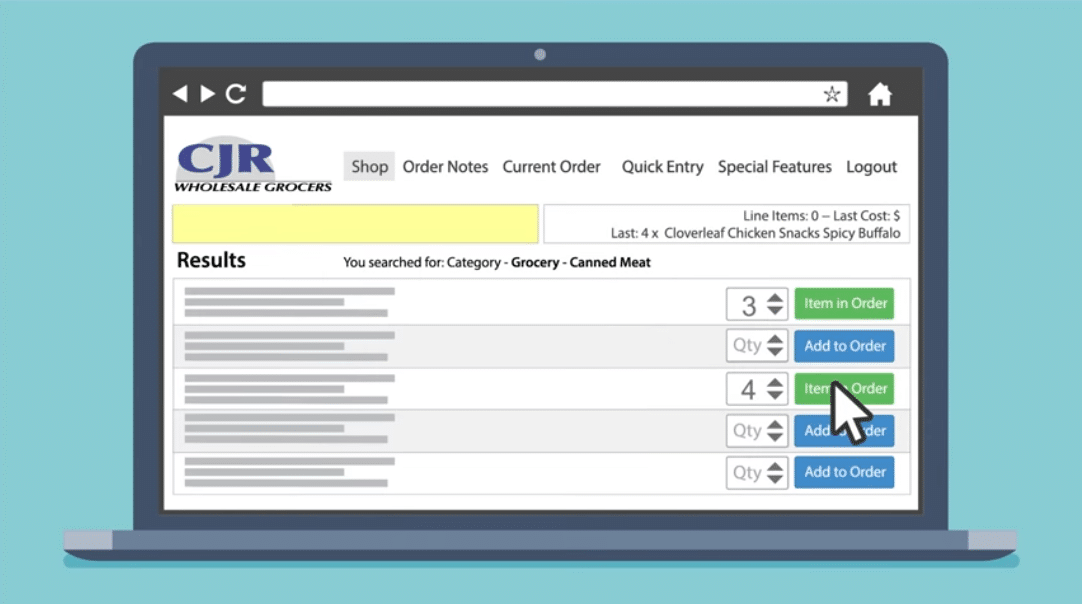 Simple click and add to cart model for online ordering through CJR Wholesale grocers network